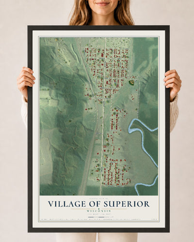 Map of the Village of Superior, Wisconsin, 24 x 36 inch print in a black wood frame