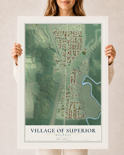 Map of the Village of Superior, Wisconsin, 24 x 36 inch print in a white wood frame