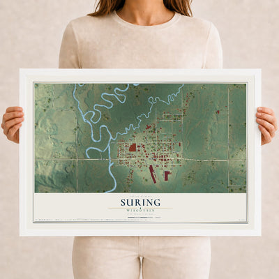 Map of Suring, Wisconsin, 12 x 18 inch print in a white wood frame