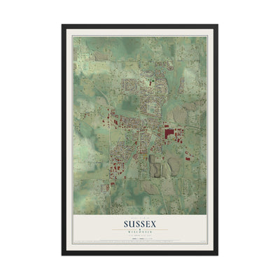 Map of Sussex, Wisconsin, 12 x 18 inch print in a black wood frame