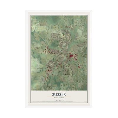 Map of Sussex, Wisconsin, 12 x 18 inch print in a white wood frame