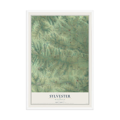 Map of Sylvester, Wisconsin, 12 x 18 inch print in a white wood frame
