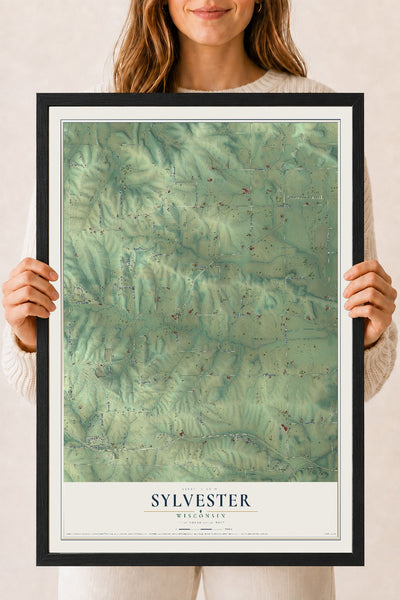 Map of Sylvester, Wisconsin, 18 x 24 inch print in a black wood frame