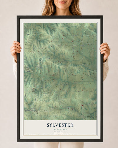Map of Sylvester, Wisconsin, 24 x 36 inch print in a black wood frame