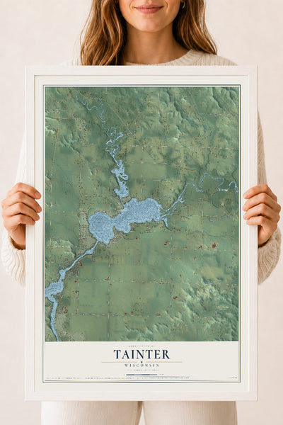 Map of Tainter, Wisconsin, 18 x 24 inch print in a white wood frame