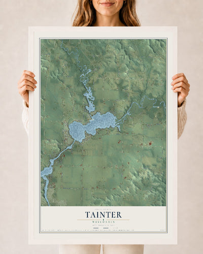 Map of Tainter, Wisconsin, 24 x 36 inch print in a white wood frame