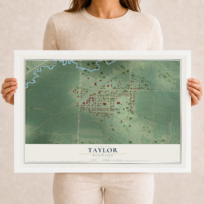 Map of Taylor, Wisconsin, 12 x 18 inch print in a white wood frame