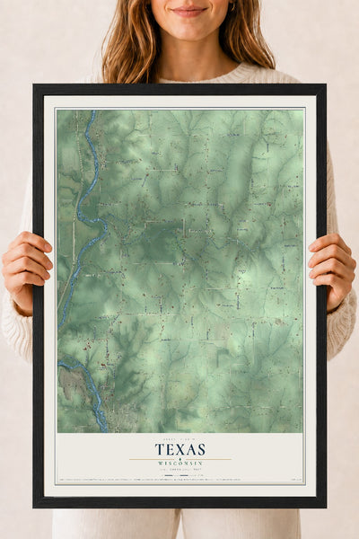 Map of Texas, Wisconsin, 18 x 24 inch print in a black wood frame