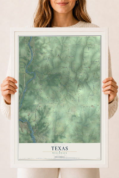 Map of Texas, Wisconsin, 18 x 24 inch print in a white wood frame