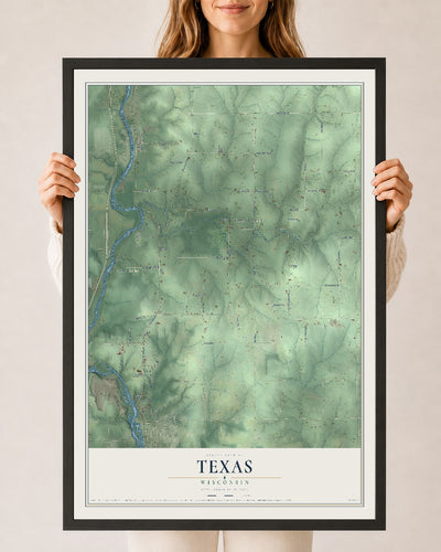 Map of Texas, Wisconsin, 24 x 36 inch print in a black wood frame