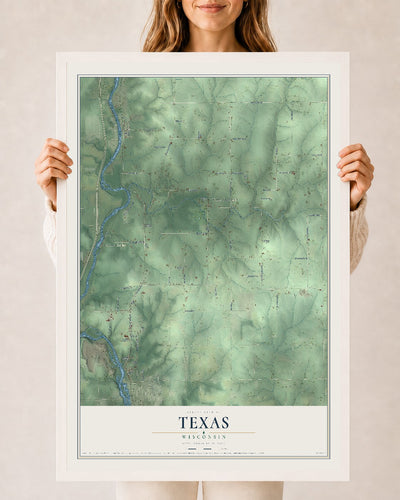 Map of Texas, Wisconsin, 24 x 36 inch print in a white wood frame