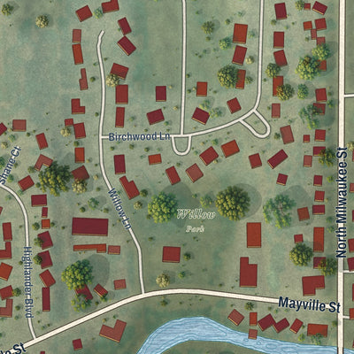Second close-up of the map of Theresa, Wisconsin print showing more streets and buildings