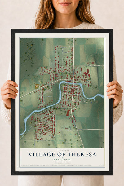 Map of Theresa, Wisconsin, 18 x 24 inch print in a black wood frame