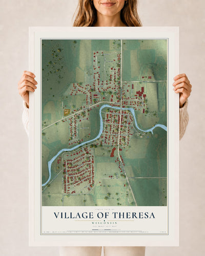 Map of Theresa, Wisconsin, 24 x 36 inch print in a white wood frame