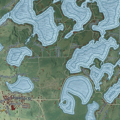 Close-up of the map of Three Lakes, Wisconsin print showing street and building detail