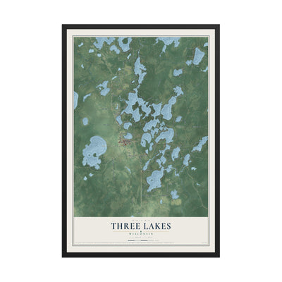 Map of Three Lakes, Wisconsin, 12 x 18 inch print in a black wood frame