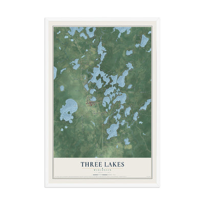 Map of Three Lakes, Wisconsin, 12 x 18 inch print in a white wood frame