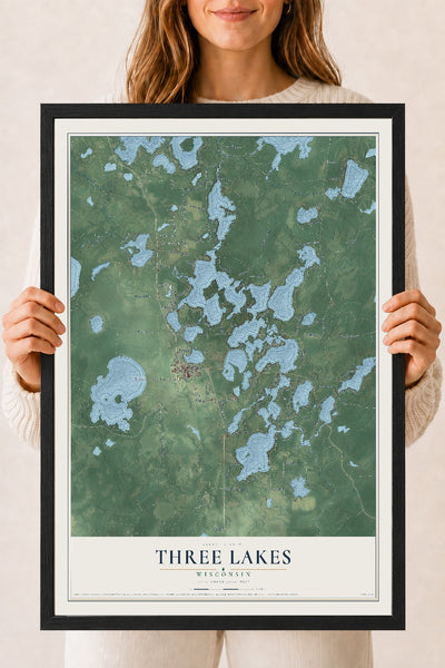 Map of Three Lakes, Wisconsin, 18 x 24 inch print in a black wood frame