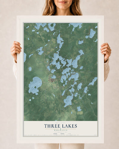 Map of Three Lakes, Wisconsin, 24 x 36 inch print in a white wood frame