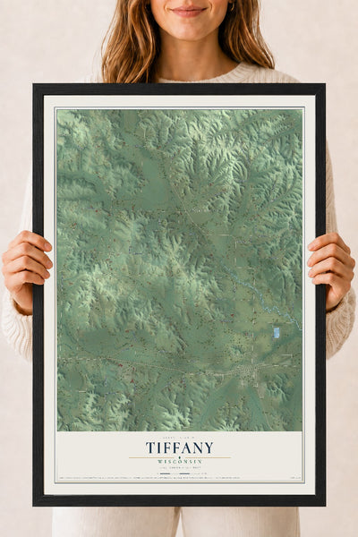 Map of Tiffany, Wisconsin, 18 x 24 inch print in a black wood frame