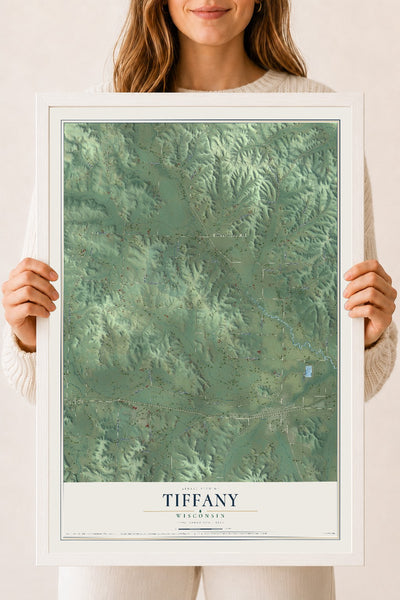 Map of Tiffany, Wisconsin, 18 x 24 inch print in a white wood frame