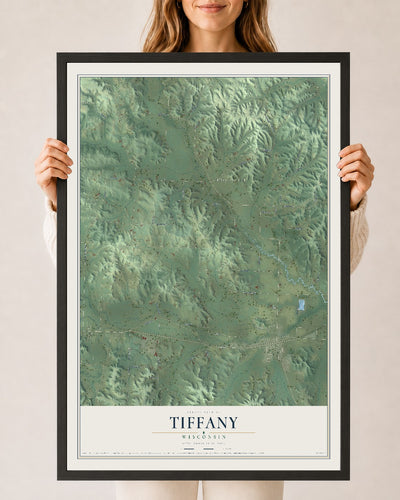 Map of Tiffany, Wisconsin, 24 x 36 inch print in a black wood frame
