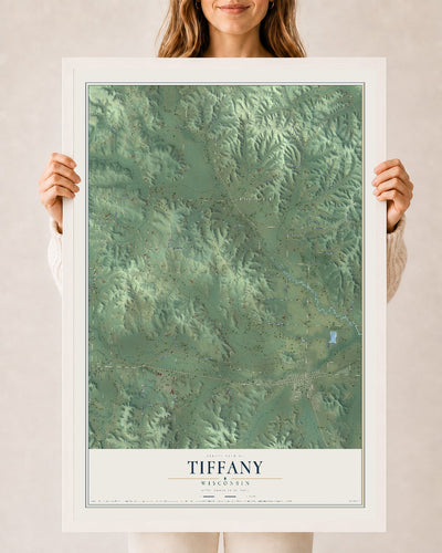 Map of Tiffany, Wisconsin, 24 x 36 inch print in a white wood frame