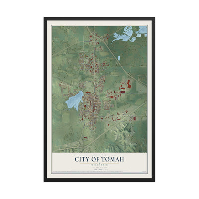 Map of Tomah, Wisconsin, 12 x 18 inch print in a black wood frame