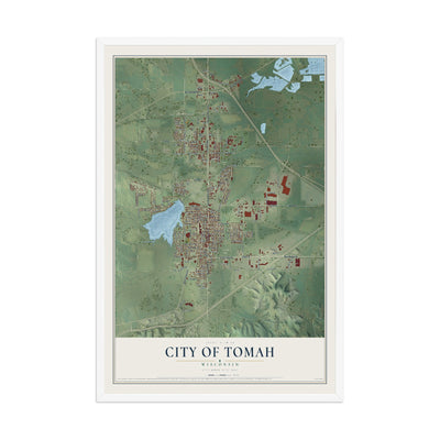 Map of Tomah, Wisconsin, 12 x 18 inch print in a white wood frame