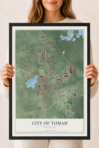 Map of Tomah, Wisconsin, 18 x 24 inch print in a black wood frame