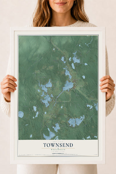 Map of Townsend, Wisconsin, 18 x 24 inch print in a white wood frame