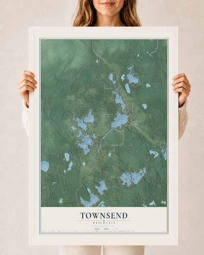 Map of Townsend, Wisconsin, 24 x 36 inch print in a white wood frame
