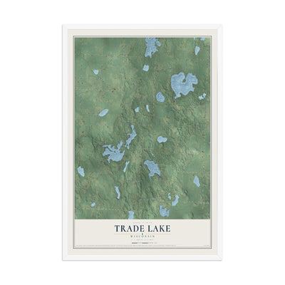 Map of Trade Lake, Wisconsin, 12 x 18 inch print in a white wood frame