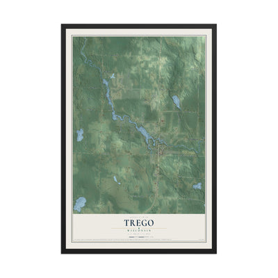 Map of Trego, Wisconsin, 12 x 18 inch print in a black wood frame