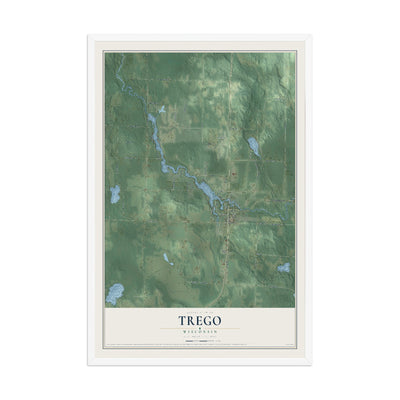 Map of Trego, Wisconsin, 12 x 18 inch print in a white wood frame