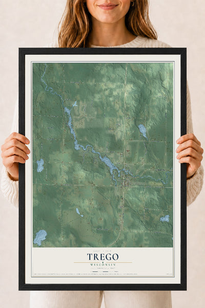 Map of Trego, Wisconsin, 18 x 24 inch print in a black wood frame
