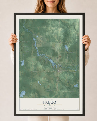 Map of Trego, Wisconsin, 24 x 36 inch print in a black wood frame