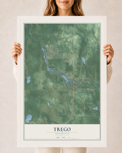 Map of Trego, Wisconsin, 24 x 36 inch print in a white wood frame