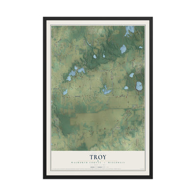 Map of Troy, Walworth County, Wisconsin, 12 x 18 inch print in a black wood frame