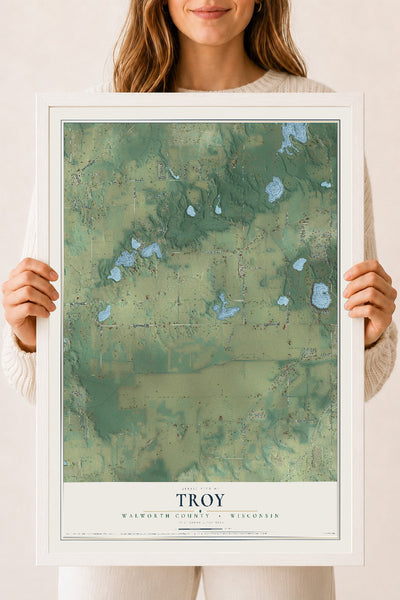 Map of Troy, Walworth County, Wisconsin, 18 x 24 inch print in a white wood frame
