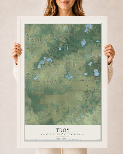 Map of Troy, Walworth County, Wisconsin, 24 x 36 inch print in a white wood frame