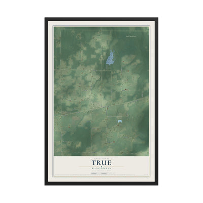 Map of True, Wisconsin, 12 x 18 inch print in a black wood frame