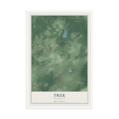Map of True, Wisconsin, 12 x 18 inch print in a white wood frame
