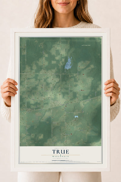 Map of True, Wisconsin, 18 x 24 inch print in a white wood frame