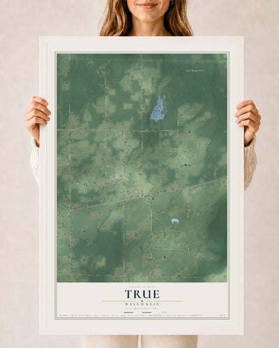 Map of True, Wisconsin, 24 x 36 inch print in a white wood frame