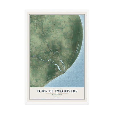 Map of the Town of Two Rivers, Wisconsin, 12 x 18 inch print in a white wood frame