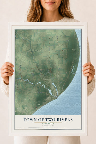 Map of the Town of Two Rivers, Wisconsin, 18 x 24 inch print in a white wood frame