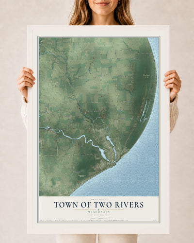 Map of the Town of Two Rivers, Wisconsin, 24 x 36 inch print in a white wood frame