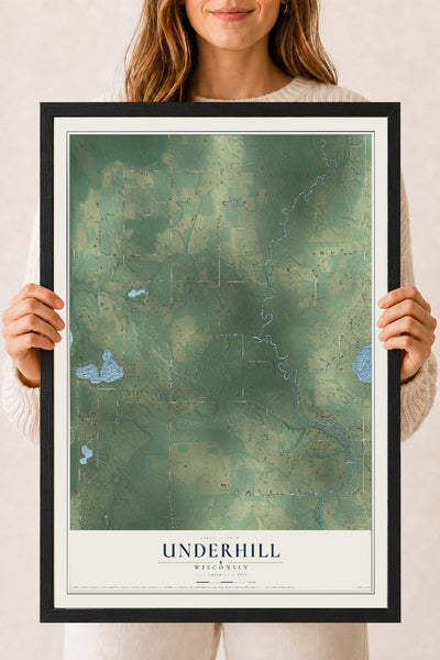 Map of Underhill, Wisconsin, 18 x 24 inch print in a black wood frame