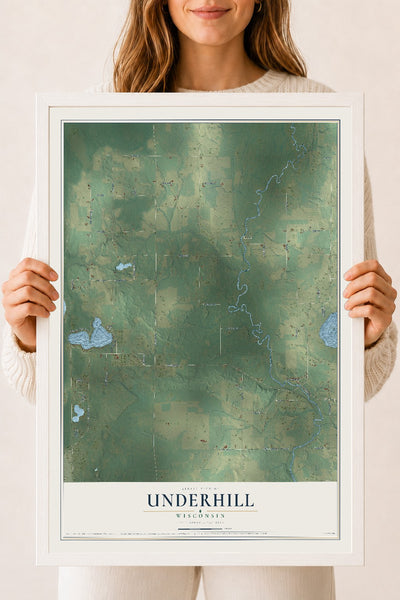 Map of Underhill, Wisconsin, 18 x 24 inch print in a white wood frame